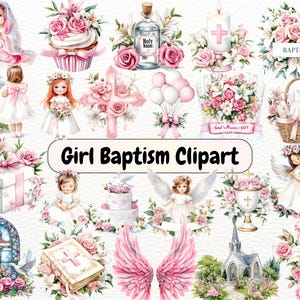 Paquete de imágenes prediseñadas de bautismo de niña en acuarela, imágenes prediseñadas de bautizo rosa, imágenes prediseñadas de rosario con cruz floral religiosa, arte bautismal cristiano