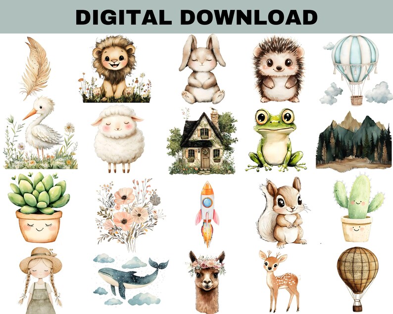 Boho Nursery Clipart Animals, Rainbow PNG, Cute Watercolor Baby Animals ...