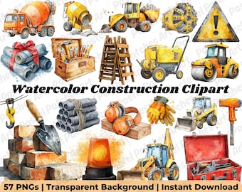 Construction PNG Clipart – 55 Watercolor Elements | Pastel Construction for Kids Crafts, Party Decor & Invitations, Construction Clipart Set