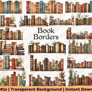 Puede incluir: Ilustraciones en acuarela de bordes de libros en varios estilos. La imagen presenta pilas de libros en tonos marrones, verdes y azules, algunos adornados con plantas. El texto "Book Borders" es visible, junto con otro texto.