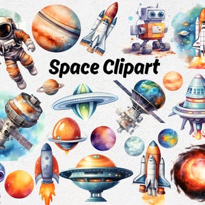 Space Clipart, Watercolor Astronaut with Cute Planets and Rockets, Galaxy & Outer Space Theme, Astronaut Clipart, Printable Nursery Decor