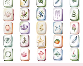 Akvarell Mahjong-plattor Clipart-paket | 50+ Mahjong PNG-filer för hantverk | Omedelbar digital nedladdning med fullständig kommersiell licens