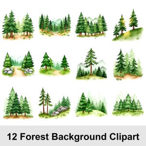 May include: A collection of 12 watercolor forest background clipart images. Each image features green pine trees, some with paths, rocks, and mountains. The text at the bottom reads "12 Forest Background Clipart."