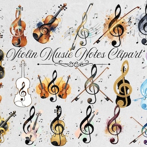 45 viool muzieknoten clipartbundel | PNG-afbeeldingen klassieke muziek | Muzieknotenkunst | Ontwerpen voor orkestinstrumenten voor shirts Stickers