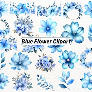 Watercolor Blue Flower Clipart, Elements, Dusty Blue Flower PNG, Wedding Clip Art, Premade Rose Floral Clipart, Watercolor Floral Bouquets