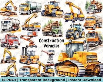 Construction Vehicles Clipart, Yellow Bulldozer Clipart, Dump Truck, Cement Truck, Construction Truck Clipart, Commercial Use Digital PNG