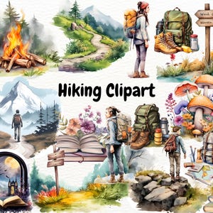 Hiking Clipart, Camping Clipart, Landscape Clipart, Hiker Clipart, Mountain Clipart, Hiking Illustrations, Travel Clipart, Nature Clipart