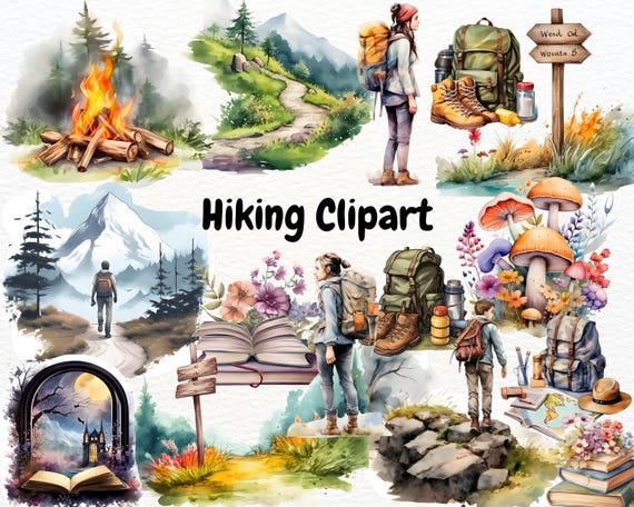Hiking Clipart, Camping Clipart, Landscape Clipart, Hiker Clipart, Mountain Clipart, Hiking Illustrations, Travel Clipart, Nature Clipart