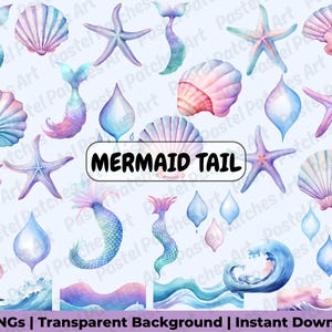 Watercolor Mermaid Tail Clipart - Underwater Mermaid Clipart, Pastel Baby Girl Birthday Party PNG, Pastel Shells PNG, Sea Beach Clipart PNG