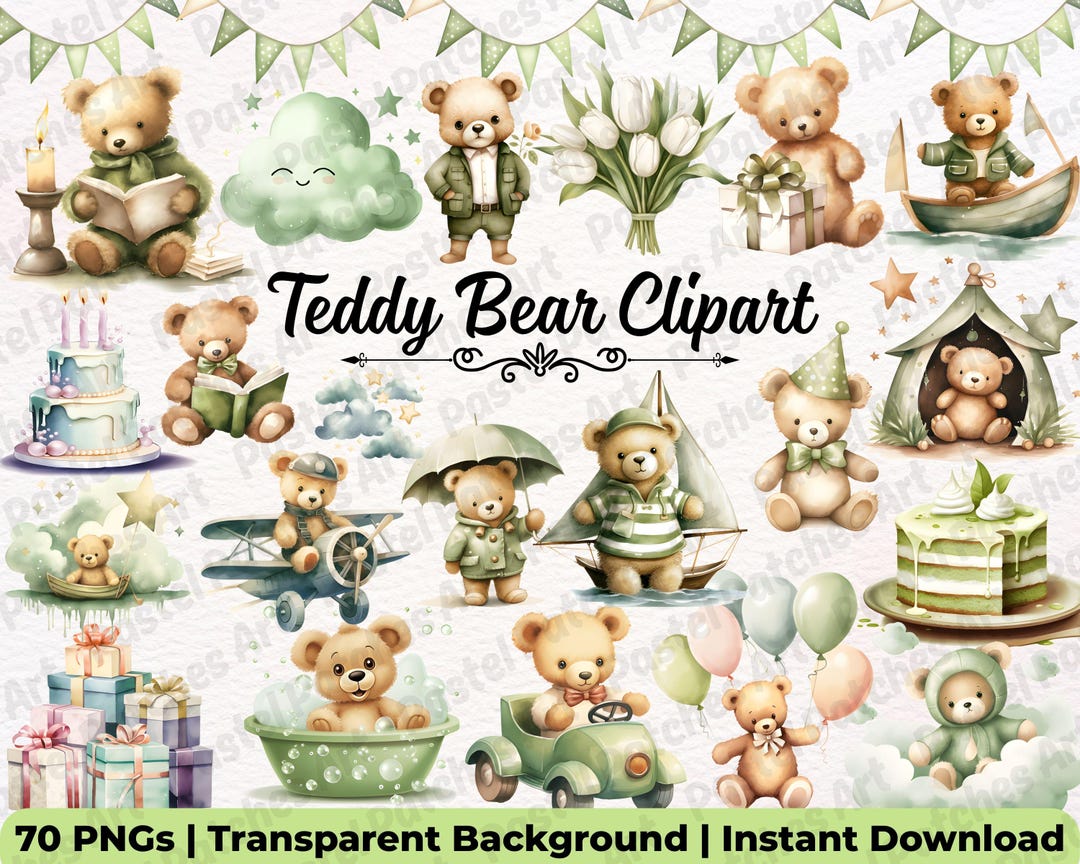 Watercolor Teddy Bear Clipart Bundle - Cute Baby Shower Balloons PNG ...