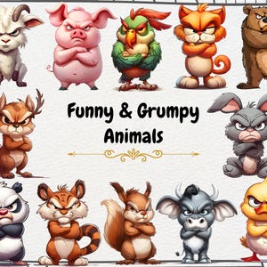 Grumpy Animals Clipart, Funny Animal Clipart, Cute Cartoon Animals Clipart, Grumpy Png, Grumpy Farm Animals Png, Jungle Animals, Safari Png