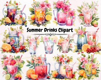 Summer Cocktail Watercolor Clipart, Tropical Drink Graphics, Bar Menu Clipart, Signature Drink Illustration, Commercial Use Wedding Cocktail