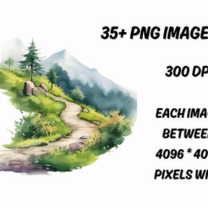 May include: A watercolour illustration depicts a mountain path through a green landscape with trees and rocks. Text includes: "35+ PNG IMAGES", "300 DPI", and "EACH IMAGE BETWEEN 4096 * 4096 PIXELS WIDE".