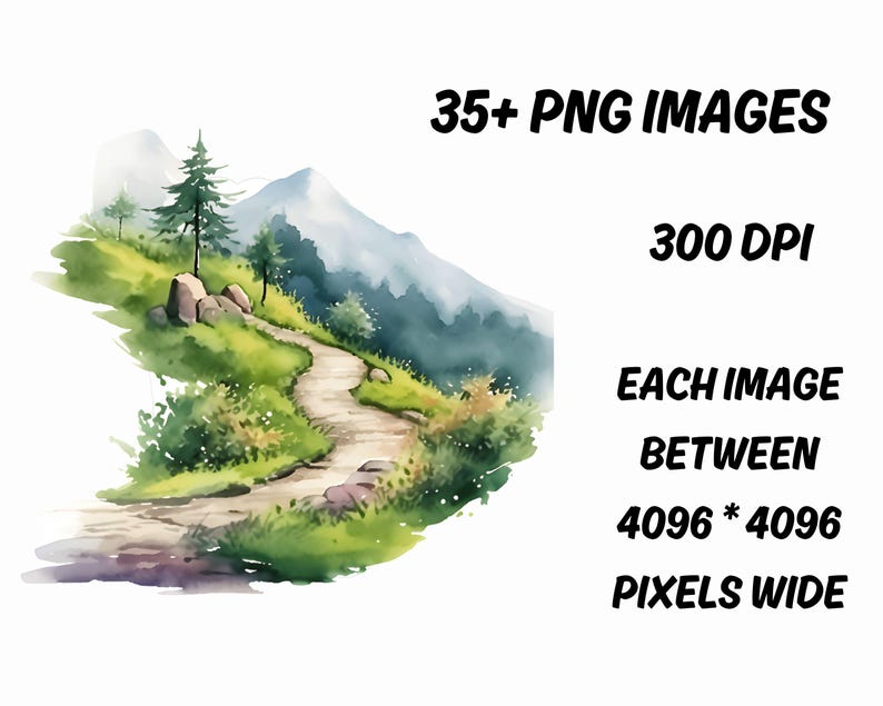 May include: A watercolour illustration depicts a mountain path through a green landscape with trees and rocks. Text includes: "35+ PNG IMAGES", "300 DPI", and "EACH IMAGE BETWEEN 4096 * 4096 PIXELS WIDE".