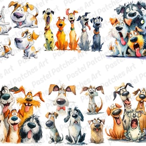 May include: Watercolor illustrations of various cartoon dogs in different poses and expressions. The dogs are in a variety of colors, including brown, white, black, and yellow. The image has the text "Pastel Patches Art" in the background.