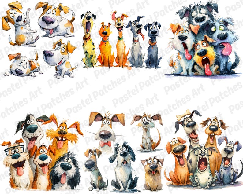 May include: Watercolor illustrations of various cartoon dogs in different poses and expressions. The dogs are in a variety of colors, including brown, white, black, and yellow. The image has the text "Pastel Patches Art" in the background.