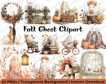 Fall Ghost Clipart, Spooky Halloween PNG Pack • 40 Cute Watercolor Ghosts for Journals • Autumn Digital Download with Commercial Use License