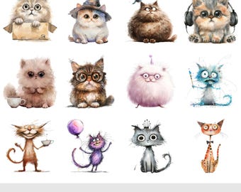 Quirky Cat Clipart Bundle (12 PNGs) | Whimsical Watercolor Cats | Funny Cat Clipart Scrapbooking Crafts | Commercial Use Digital Download