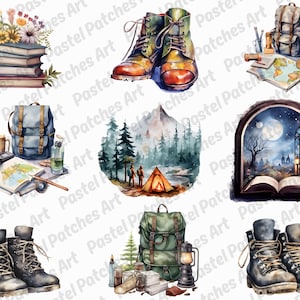 May include: A collection of watercolour illustrations featuring outdoor adventure themes. The images include hiking boots, rucksacks, maps, a tent in a forest, a stack of books with flowers, and a lantern. The colour scheme uses greens, browns, and blues.
