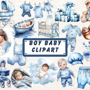 Watercolor Baby Boy Clipart - Baby Shower Decorations | Newborn Baby Illustrations | Blue Nursery Art | Baby Theme Clipart