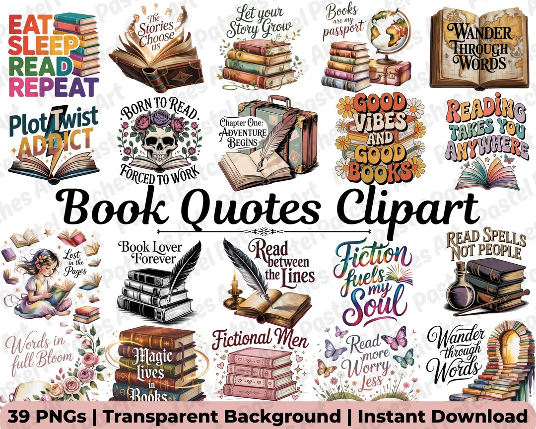 Book Quotes PNG Bundle Clipart | Book Lover PNG & Bookish Graphics ...