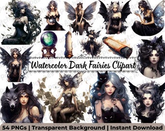 Clipart di fate oscure ad acquerello / Pacchetto di arte gotica incantevole (download digitale)