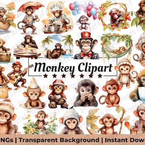 May include: A collection of watercolor monkey clipart images in various poses and settings. The monkeys are depicted in different outfits and activities, such as playing musical instruments, wearing hats, and enjoying tea. The text "Monkey Clipart" is displayed.