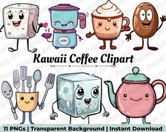 Kawaii Coffee Clipart Bundle | Cute Coffee Art PNG for Planner Stickers, Scrapbooking & Junk Journal | Commercial Use Digital Download