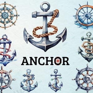 Könnte beinhalten: Aquarell-Illustration von nautischen Ankern und Schiffsrädern. Die Anker sind blau, grau und grün mit Seildetails. Die Räder sind grau mit braunen Speichen. Das Wort "ANCHOR" ist in schwarzen Buchstaben geschrieben.