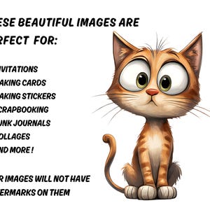 Op de afbeelding: Een cartoon illustratie van een oranje kat met grote, expressieve ogen. De afbeelding bevat tekst die aangeeft dat de afbeeldingen perfect zijn voor uitnodigingen, kaarten maken, stickers, scrapbooking, junk journals en collages. De tekst zegt ook dat de afbeeldingen geen watermerken zullen hebben.