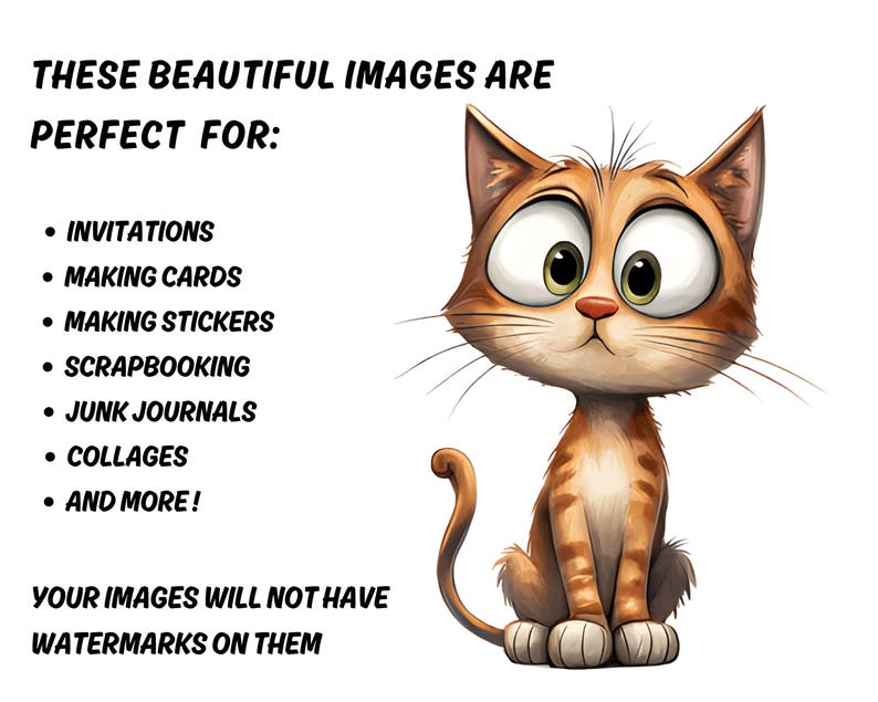 Op de afbeelding: Een cartoon illustratie van een oranje kat met grote, expressieve ogen. De afbeelding bevat tekst die aangeeft dat de afbeeldingen perfect zijn voor uitnodigingen, kaarten maken, stickers, scrapbooking, junk journals en collages. De tekst zegt ook dat de afbeeldingen geen watermerken zullen hebben.