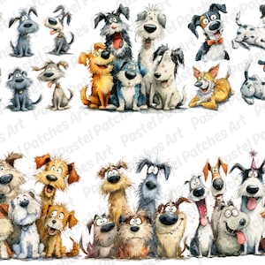 May include: A collection of watercolor illustrations featuring various cartoon dogs with expressive faces. The dogs are depicted in different poses and colors, with some wearing accessories like bow ties and party hats. The artwork has a whimsical and playful style.