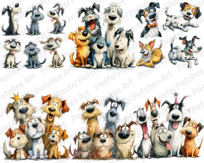 May include: A collection of watercolor illustrations featuring various cartoon dogs with expressive faces. The dogs are depicted in different poses and colors, with some wearing accessories like bow ties and party hats. The artwork has a whimsical and playful style.