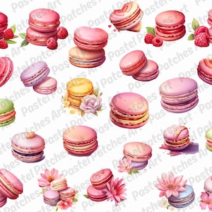 May include: A collection of watercolor macarons in various shades of pink, with some featuring heart shapes and floral accents. Fresh raspberries and green leaves are also included in the design.