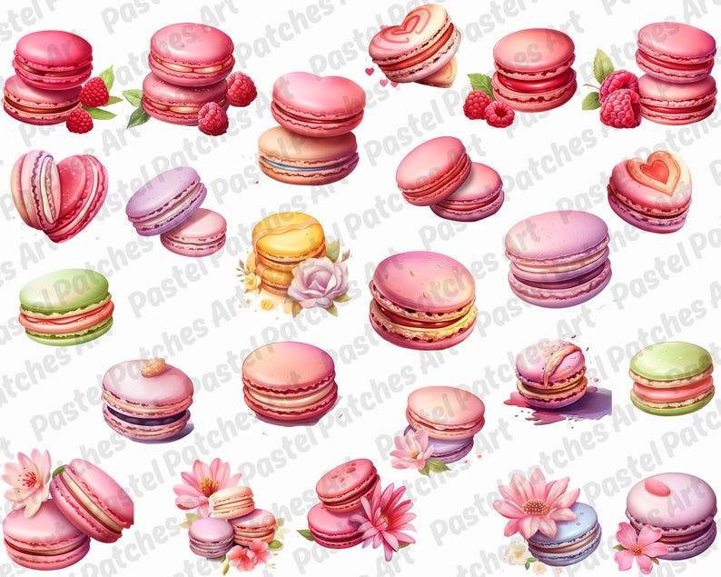 May include: A collection of watercolor macarons in various shades of pink, with some featuring heart shapes and floral accents. Fresh raspberries and green leaves are also included in the design.