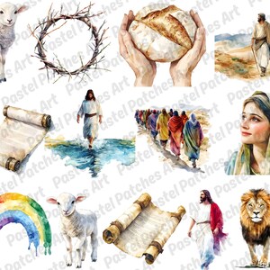 May include: Watercolor illustrations of religious themes. Depicted are a lamb, a crown of thorns, hands holding bread, a figure walking, a scroll, a rainbow, a lion, and people in robes.