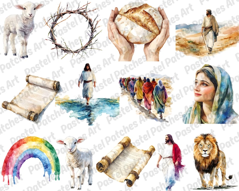 May include: Watercolor illustrations of religious themes. Depicted are a lamb, a crown of thorns, hands holding bread, a figure walking, a scroll, a rainbow, a lion, and people in robes.