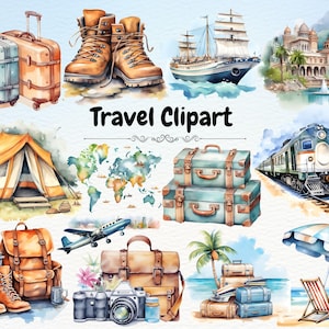 Watercolor Travel Clipart I Vacation Holiday Graphics I Summer Vacation I Traveling Adventure I Plane, Suitcase,Ticket,Luggage Illustrations