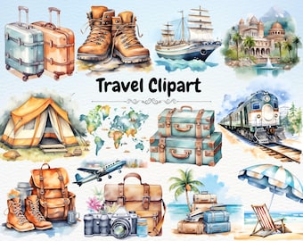 Watercolor Travel Clipart I Vacation Holiday Graphics I Summer Vacation I Traveling Adventure I Plane, Suitcase,Ticket,Luggage Illustrations