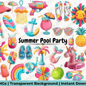 May include: A collection of colorful summer-themed illustrations, including a sun, pineapple, sunglasses, and a pink inflatable unicorn. The text "Summer Pool Party" is displayed. The image also includes a variety of other summer items.
