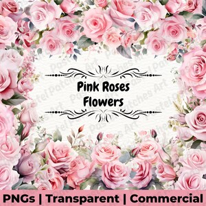Rosa rosor blommor Clipart - 200 blommiga element, akvarell blommig grafik, digital rosa blombukett, vårblomskonst, rosor Clipart