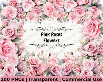 Pink Roses Flowers Clipart - 200 Floral Elements, Watercolor Floral Graphics, Digital Pink Floral Bouquet, Spring Flower Art, Roses Clipart