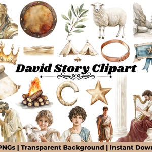 Puede incluir: Conjunto de imágenes prediseñadas de acuarela con ilustraciones de escenas y símbolos bíblicos. Incluye una corona dorada, una oveja, un pergamino, una hoguera, un arpa y el texto "David Story Clipart". El conjunto también incluye un casco de soldado romano y un cinturón de cuero.