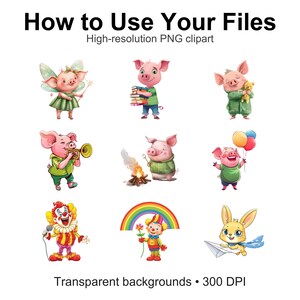 Peut inclure: Ensemble d'images clipart PNG fantaisistes mettant en sc&egrave;ne des cochons de dessin anim&eacute; dans diverses situations. Les cochons sont repr&eacute;sent&eacute;s en f&eacute;e, &eacute;tudiant, tenant un ours en peluche, jouant de la trompette, grillant des guimauves, tenant des ballons, habill&eacute;s en clown. Texte : "How to Use Your Files".