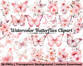 50 Watercolor Butterfly Clipart PNG | Pastel Whimsical Nature Art | Commercial Use for Scrapbooking & Planner