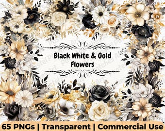 Clipart fleurs noir blanc et or - aquarelle art numérique floral - bouquets, couronnes et éléments individuels - usage Commercial PNG