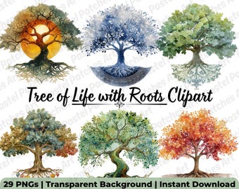 May include: Watercolor illustrations of trees with intricate root systems. The image features six different trees in various colors, including green, blue, and orange. The text "Tree of Life with Roots Clipart" is displayed.