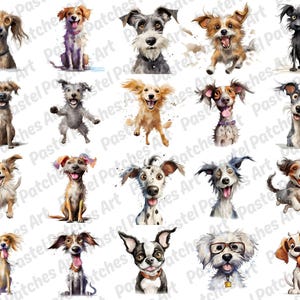 May include: A collection of watercolor illustrations of various dog breeds. Each dog is depicted with expressive eyes and playful poses, showcasing a range of colors and textures. The artwork has a whimsical and artistic style, perfect for pet lovers.