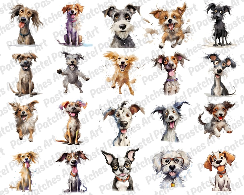 May include: A collection of watercolor illustrations of various dog breeds. Each dog is depicted with expressive eyes and playful poses, showcasing a range of colors and textures. The artwork has a whimsical and artistic style, perfect for pet lovers.