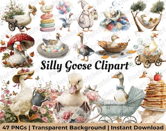 45 Silly Goose Clipart PNG Bundle, Funny Watercolor Goose Graphics, Cute Farm Animal Clipart, Nursery Decor, Baby Shower Commercial Use